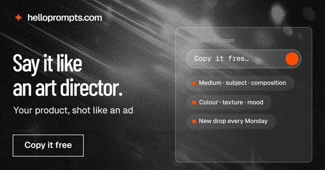 Social ad for HelloPrompts: "Say it like an art director." Dark deco style, bottom layout, dark palette in black, grey.