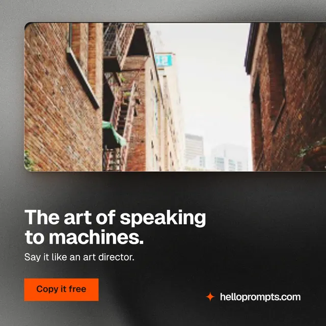 Instagram post for HelloPrompts: "The art of speaking to machines." Swiss style, bottom layout, dark palette in black, grey, orange.