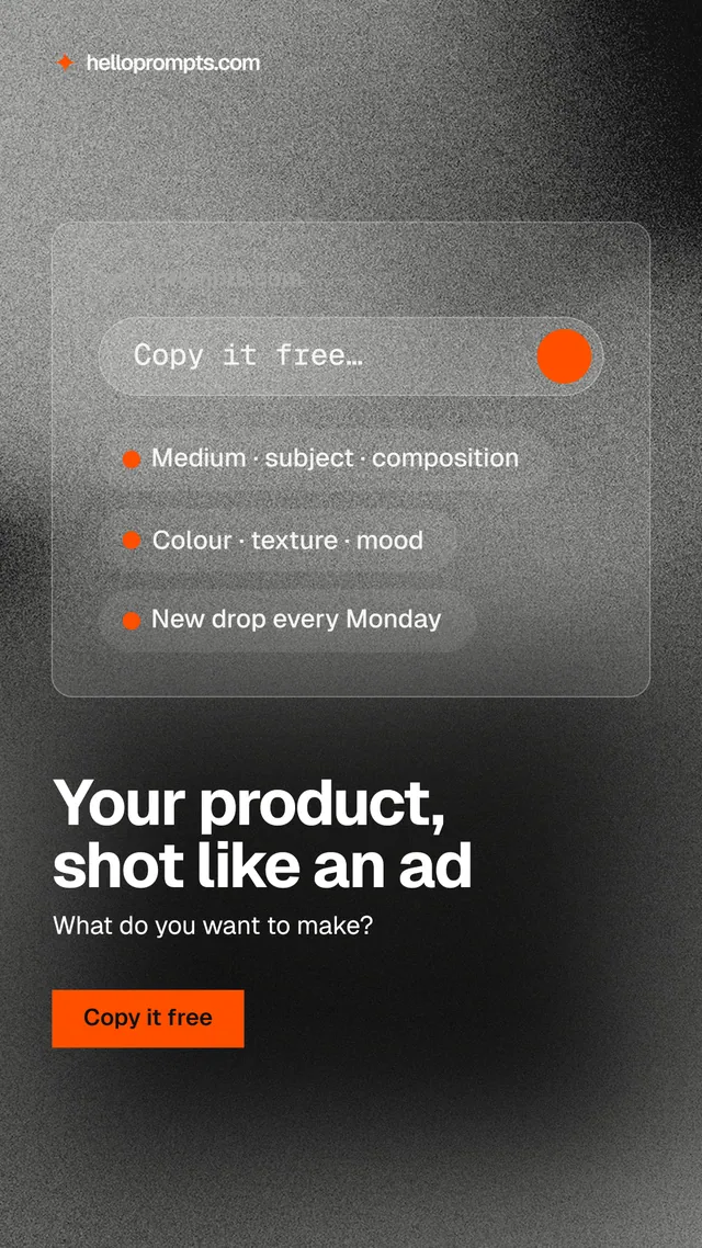 Instagram story for HelloPrompts: "Your product, shot like an ad". Swiss style, bottom layout, dark palette in grey, black.