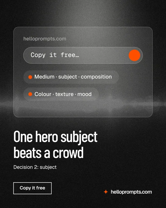 Instagram portrait post for HelloPrompts: "One hero subject beats a crowd". Dark deco style, bottom layout, dark palette in grey, black.