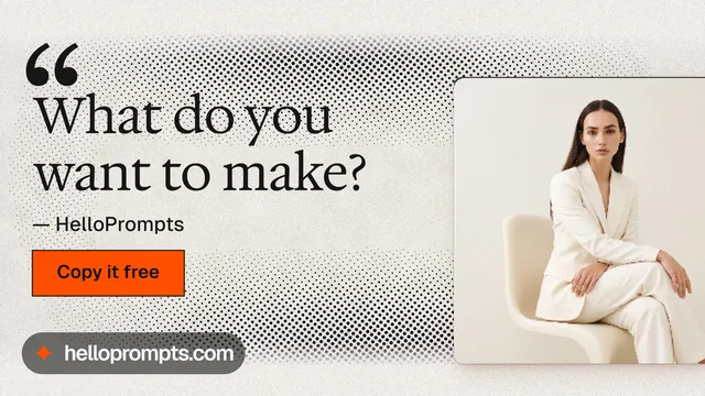 Landscape graphic for HelloPrompts: "What do you want to make?" Ink sticker style, quote layout, light palette in orange, white, grey.