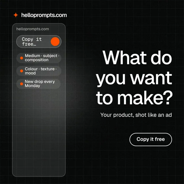 Instagram post for HelloPrompts: "What do you want to make?" Phosphor atlas style, right layout, dark palette in black, grey.