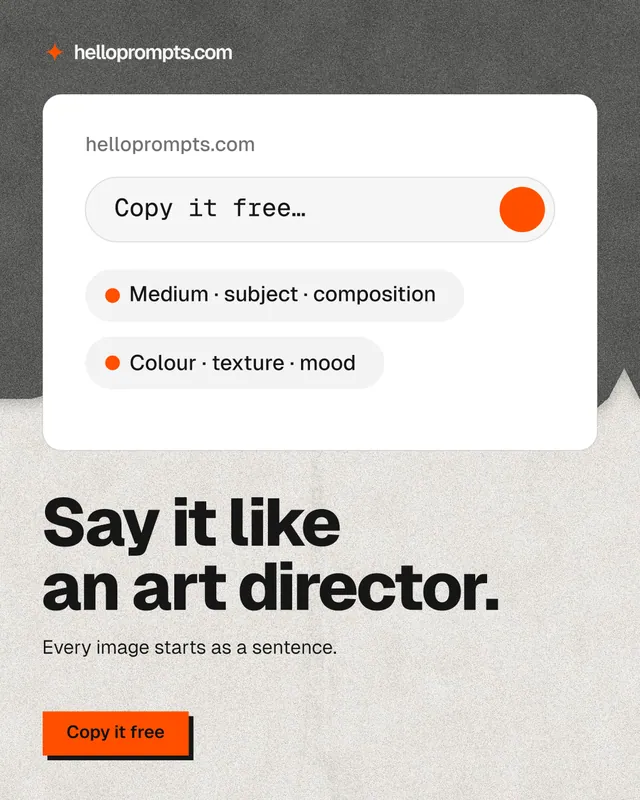 Instagram portrait post for HelloPrompts: "Say it like an art director." Paper trio style, bottom layout, light palette in white, grey.