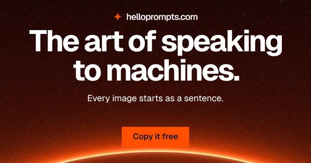 Social ad for HelloPrompts: "The art of speaking to machines." Swiss style, centred layout, dark palette in black, red, orange.