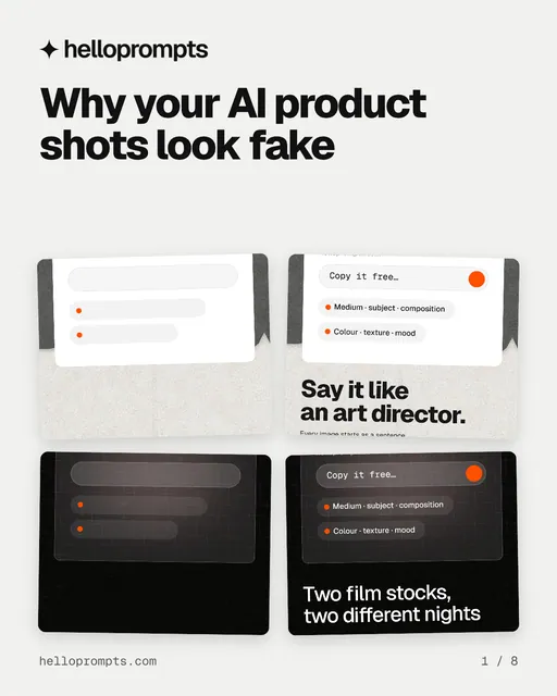Carousel for HelloPrompts: "Why your AI product shots look fake". Collection carousel, 8 slides, light palette.