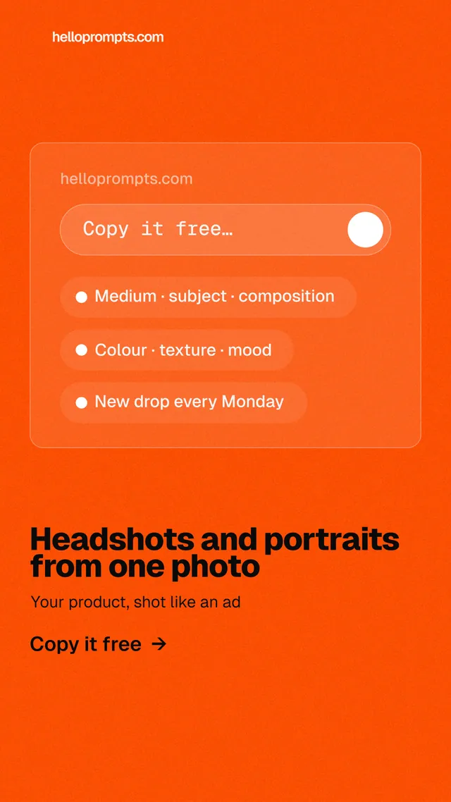 Instagram story for HelloPrompts: "Headshots and portraits from one photo". Turn card style, bottom layout, light palette in orange.