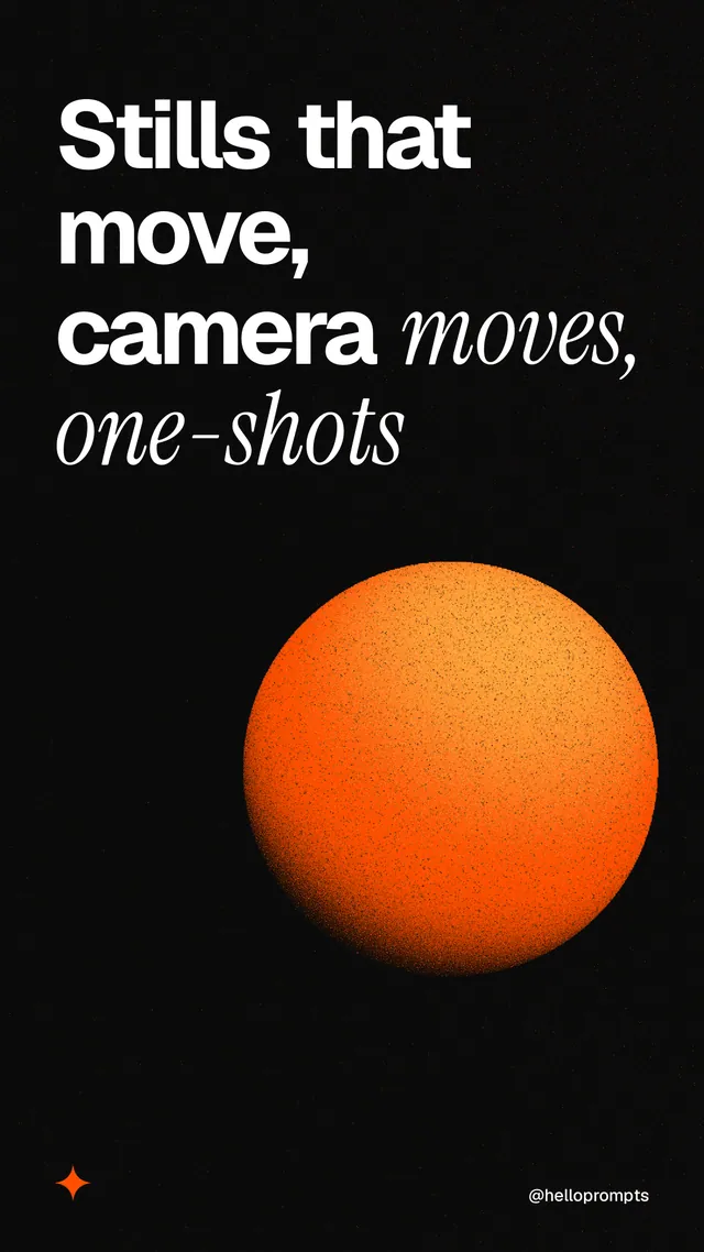 Instagram story for HelloPrompts: "Stills that move, camera moves, one-shots". Auto 9x16 style, technique:shader field layout, dark palette in black, orange.