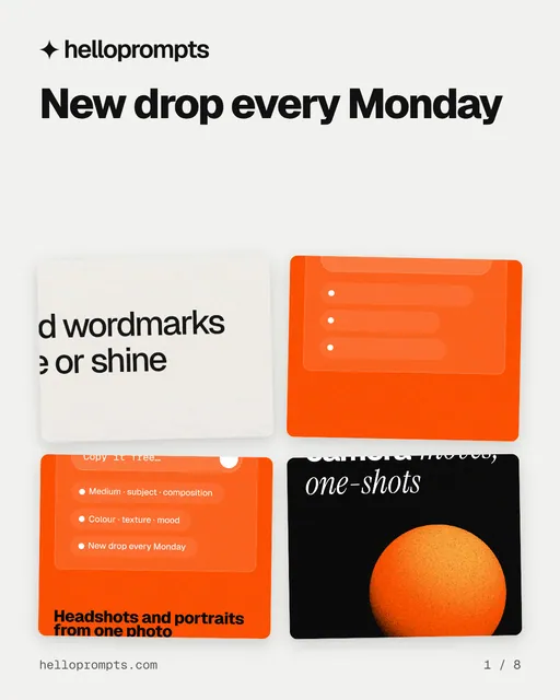 Carousel for HelloPrompts: "New drop every Monday". Collection carousel, 8 slides, light palette.