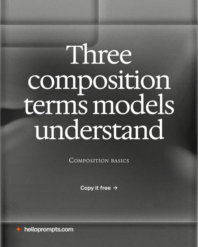 Instagram portrait post for HelloPrompts: "Three composition terms models understand". Swiss style, smallcaps layout, dark palette in grey, black.
