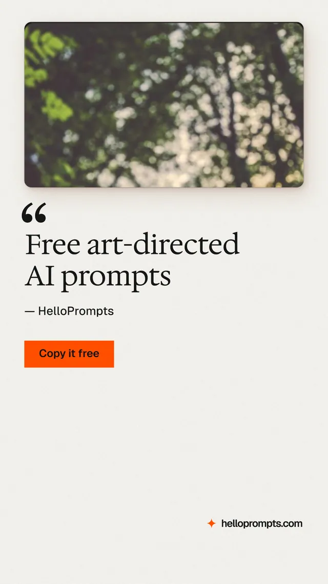 Instagram story for HelloPrompts: "Free art-directed AI prompts". Swiss style, quote layout, light palette in white, grey.