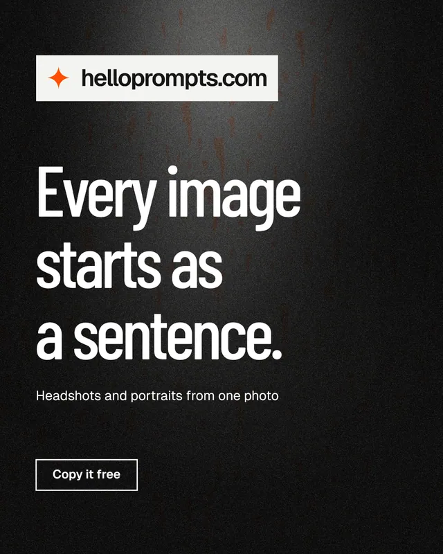 Instagram portrait post for HelloPrompts: "Every image starts as a sentence." Dark deco style, announce layout, dark palette in black, grey.