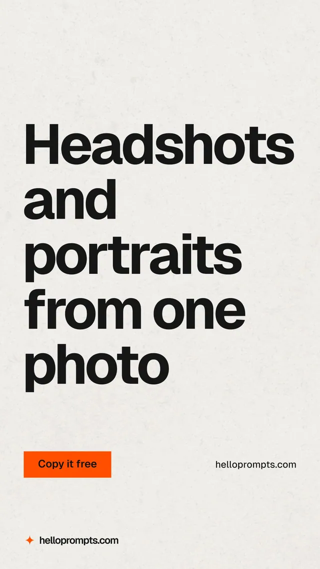 Instagram story for HelloPrompts: "Headshots and portraits from one photo". Swiss style, poster layout, light palette in white, grey.