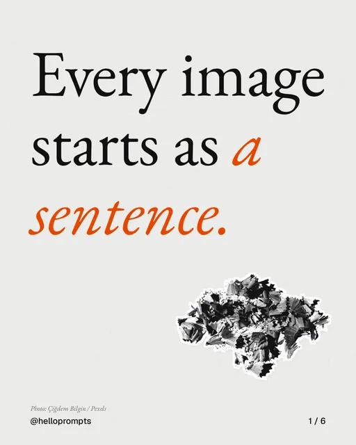 Carousel for HelloPrompts: "Every image starts as a sentence.". Cutout essay, 6 slides, light palette.
