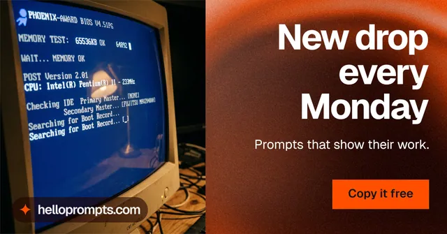 Social ad for HelloPrompts: "New drop every Monday". Swiss style, right layout, dark palette in red, blue, orange.