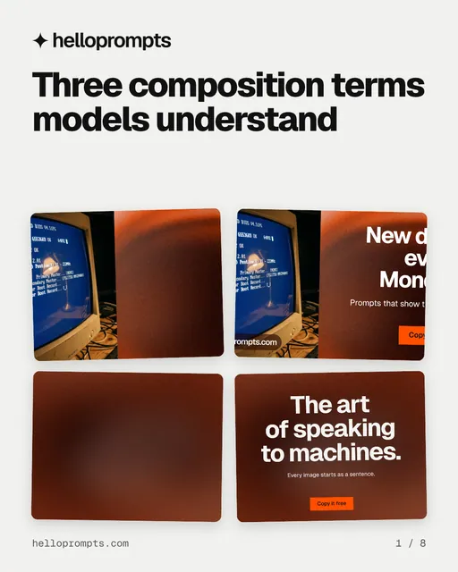 Carousel for HelloPrompts: "Three composition terms models understand". Collection carousel, 8 slides, light palette.