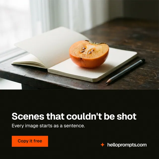 Instagram post for HelloPrompts: "Scenes that couldn't be shot". Swiss style, bottom layout, dark palette in white, black, orange.