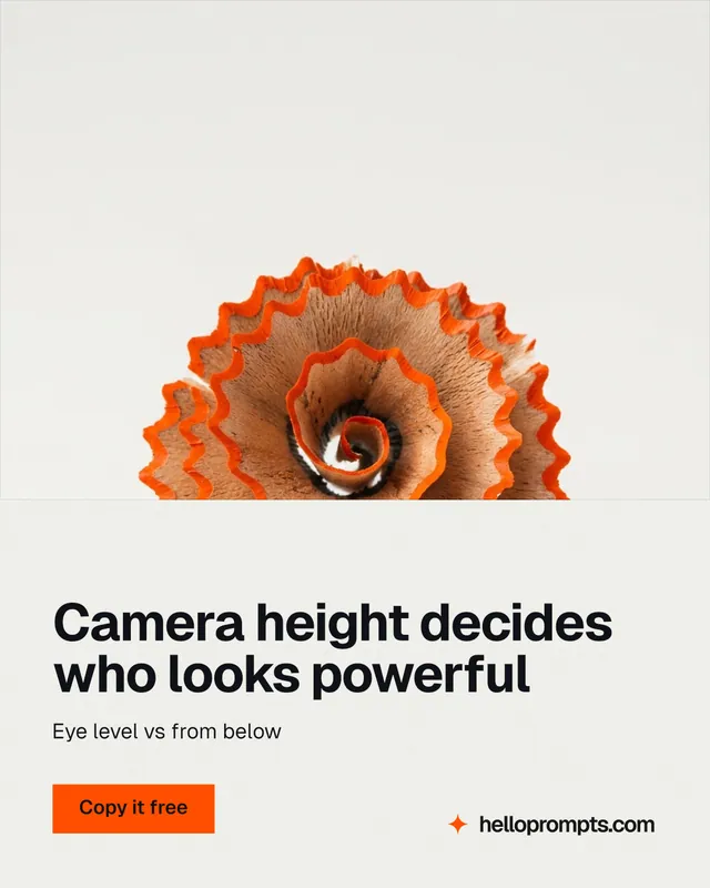 Instagram portrait post for HelloPrompts: "Camera height decides who looks powerful". Swiss style, bottom layout, light palette in white, brown.