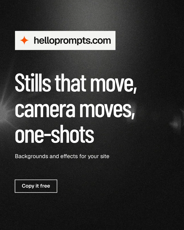 Instagram portrait post for HelloPrompts: "Stills that move, camera moves, one-shots". Dark deco style, announce layout, dark palette in black, grey.