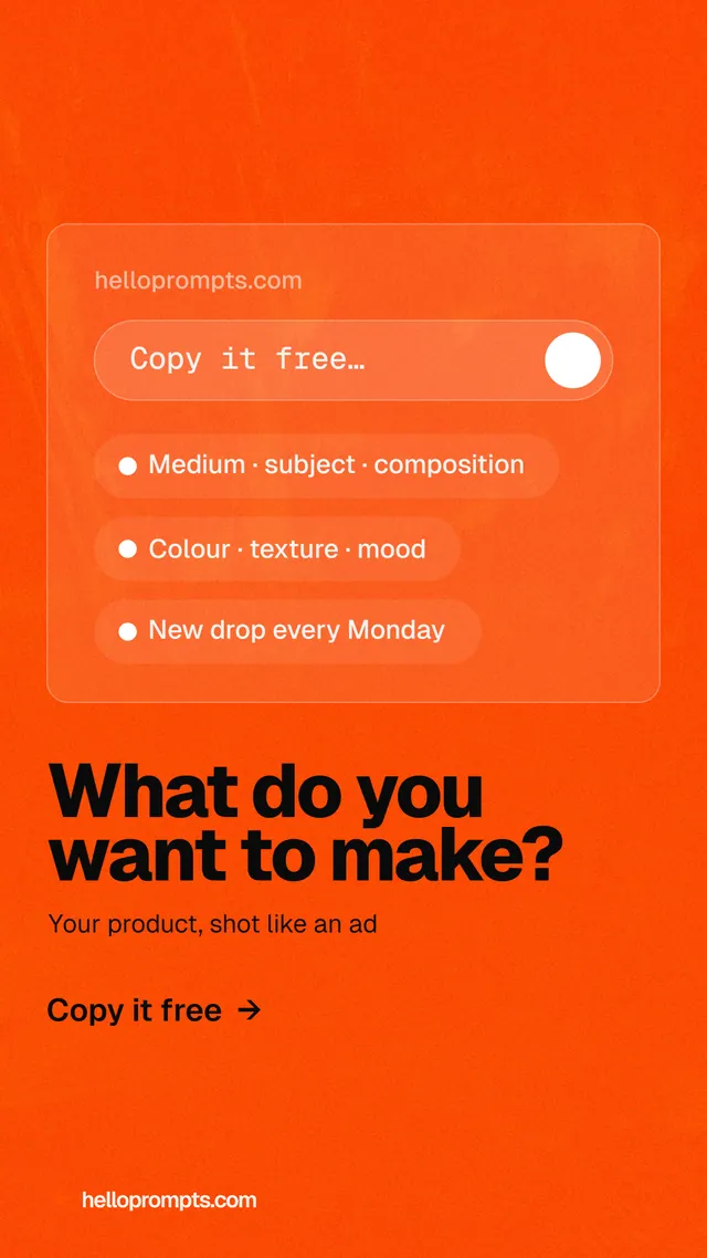 Instagram story for HelloPrompts: "What do you want to make?" Turn card style, bottom layout, light palette in orange.