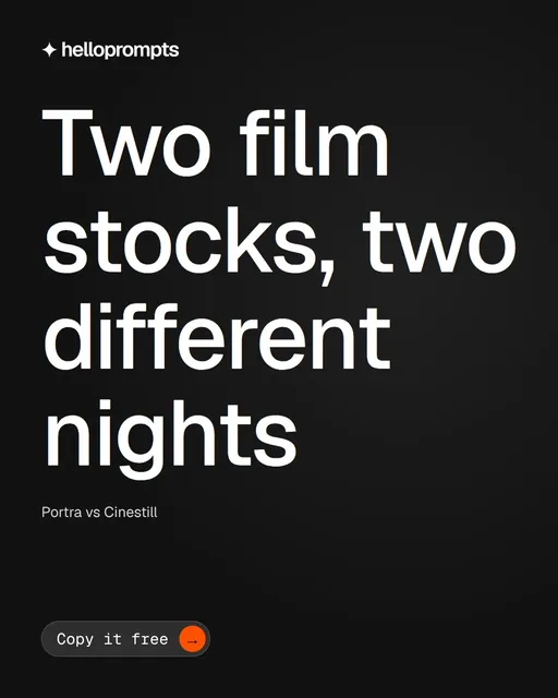 Video for HelloPrompts: "Two film stocks, two different nights". Doc motion loop, 6.0 s, dark palette.