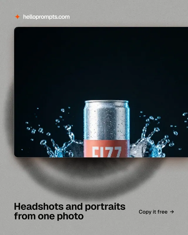 Instagram portrait post for HelloPrompts: "Headshots and portraits from one photo". Swiss style, image led layout, dark palette in black, grey, blue.