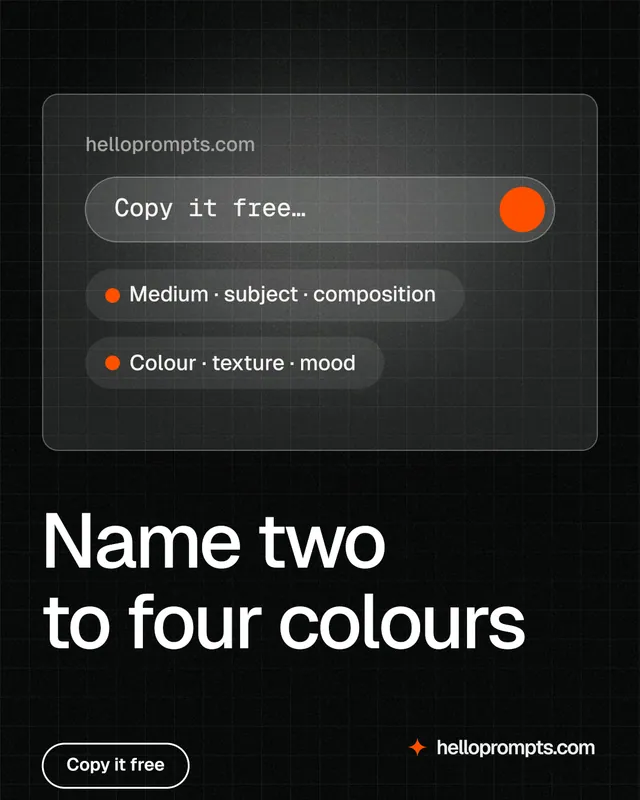 Instagram portrait post for HelloPrompts: "Name two to four colours". Phosphor atlas style, bottom layout, dark palette in black, grey.