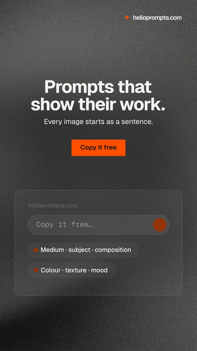 Instagram story for HelloPrompts: "Prompts that show their work." Swiss style, centred layout, dark palette in black, grey.