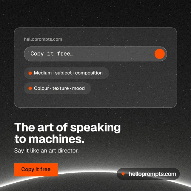 Instagram post for HelloPrompts: "The art of speaking to machines." Swiss style, bottom layout, dark palette in black, grey.