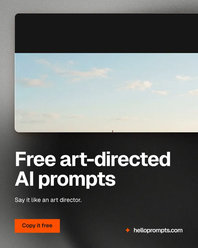 Instagram portrait post for HelloPrompts: "Free art-directed AI prompts". Swiss style, bottom layout, dark palette in white, black, grey.