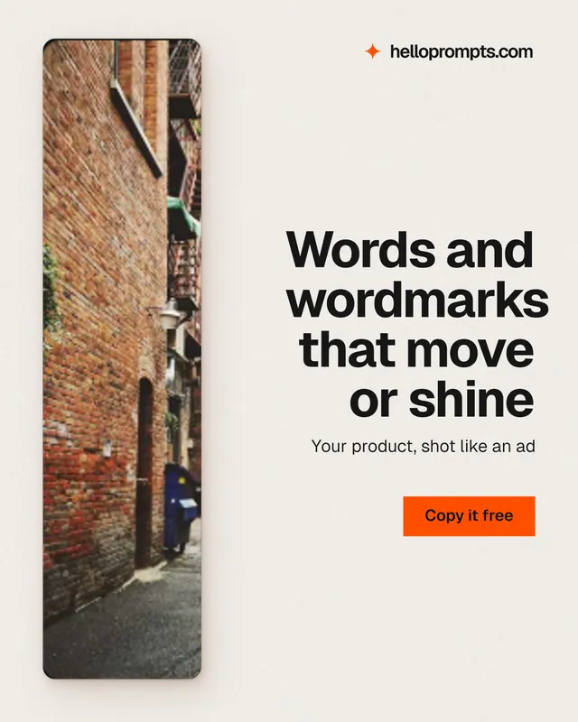 Instagram portrait post for HelloPrompts: "Words and wordmarks that move or shine". Swiss style, right layout, light palette in white, orange.