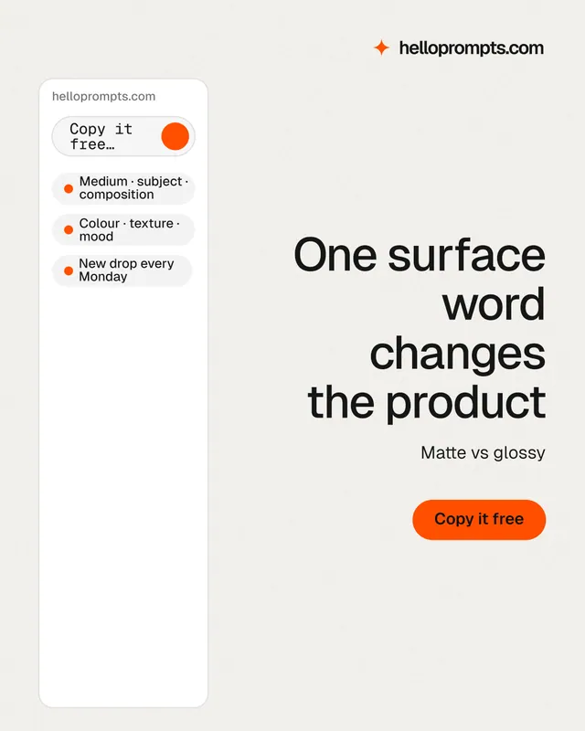 Instagram portrait post for HelloPrompts: "One surface word changes the product". Data card style, right layout, light palette in white.