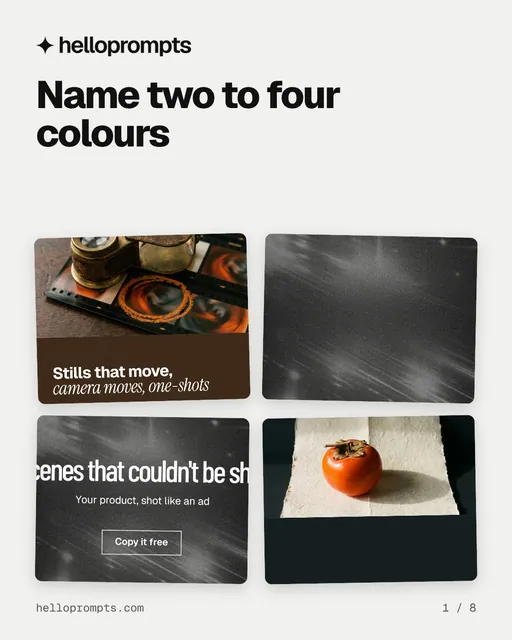 Carousel for HelloPrompts: "Name two to four colours". Collection carousel, 8 slides, light palette.