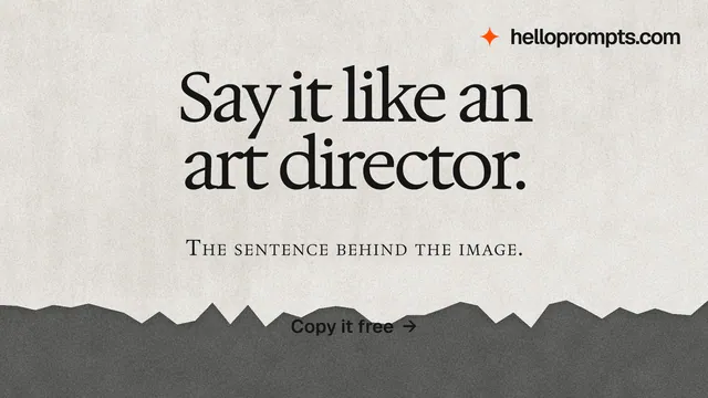 Landscape graphic for HelloPrompts: "Say it like an art director." Paper trio style, smallcaps layout, light palette in white, grey.