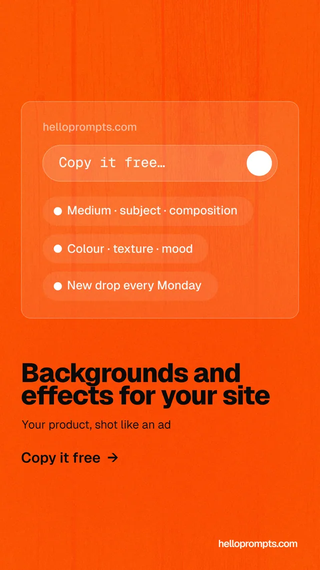 Instagram story for HelloPrompts: "Backgrounds and effects for your site". Turn card style, bottom layout, light palette in orange.