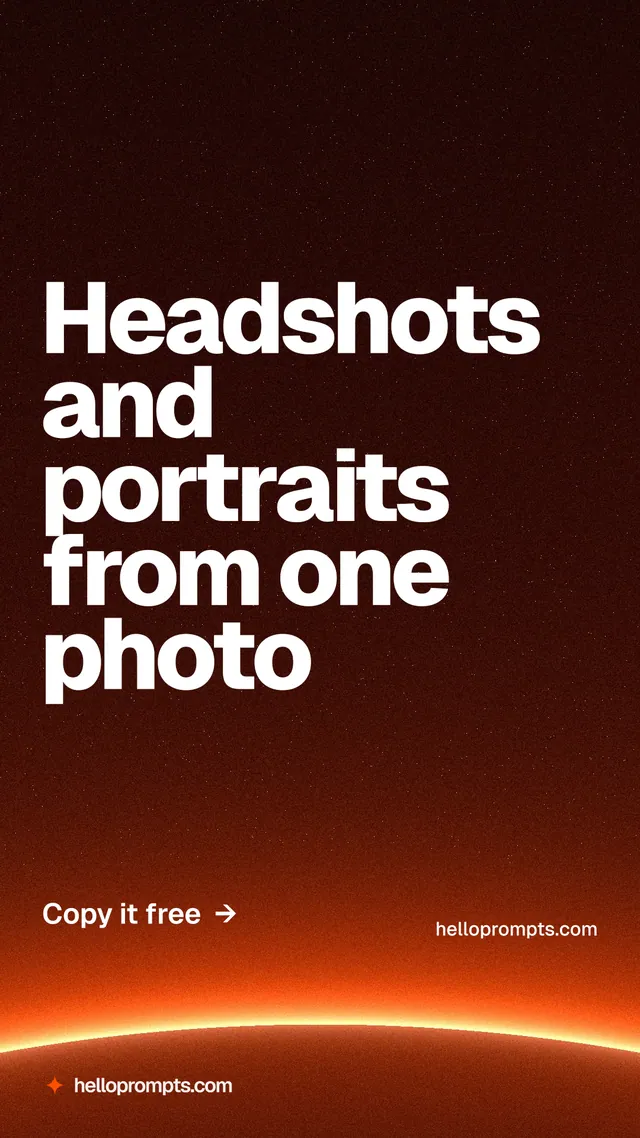 Instagram story for HelloPrompts: "Headshots and portraits from one photo". Turn card style, poster layout, dark palette in red, black, orange.