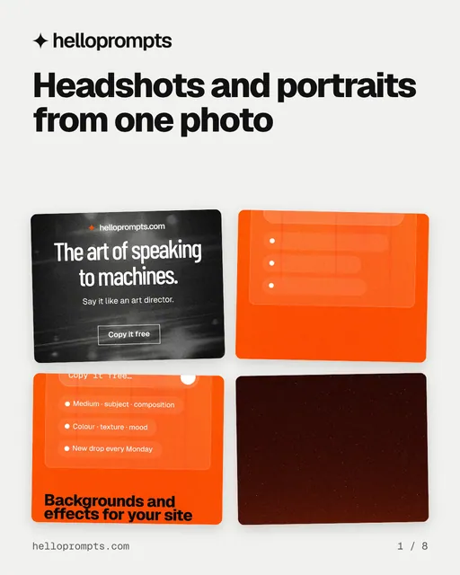 Carousel for HelloPrompts: "Headshots and portraits from one photo". Collection carousel, 8 slides, light palette.