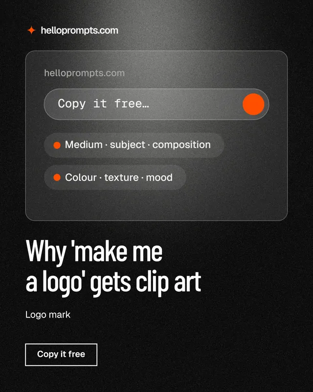 Instagram portrait post for HelloPrompts: "Why 'make me a logo' gets clip art". Dark deco style, bottom layout, dark palette in black, grey.