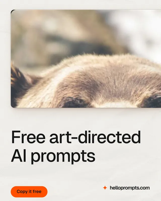 Instagram portrait post for HelloPrompts: "Free art-directed AI prompts". Data card style, bottom layout, light palette in white, orange, grey.