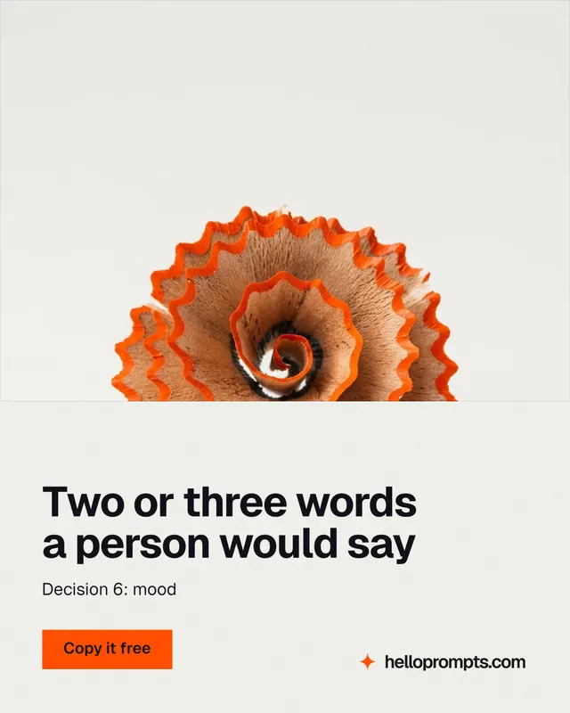 Instagram portrait post for HelloPrompts: "Two or three words a person would say". Swiss style, bottom layout, light palette in white, brown.