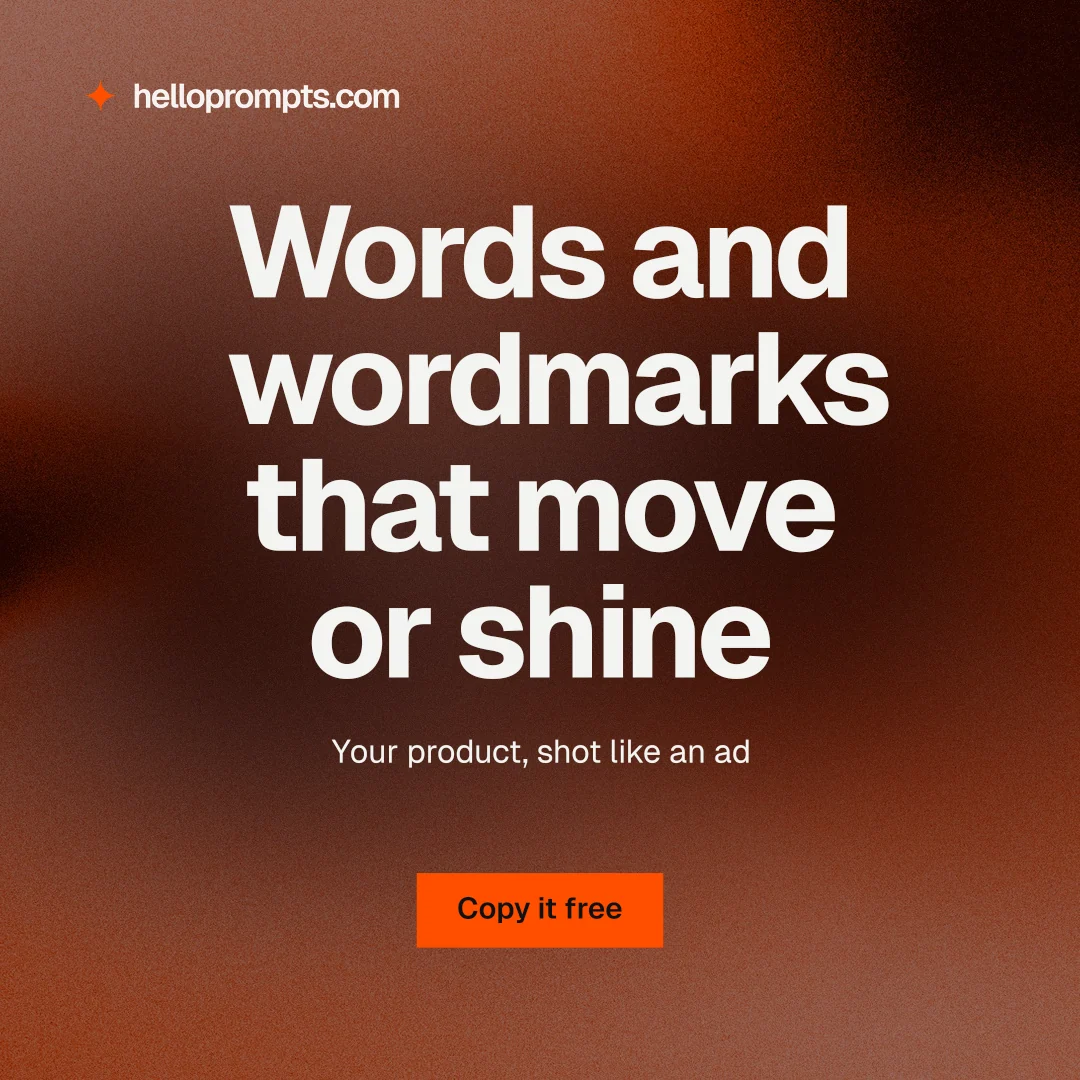 Instagram post for HelloPrompts: "Words and wordmarks that move or shine". Swiss style, centred layout, dark palette in red, orange, grey.
