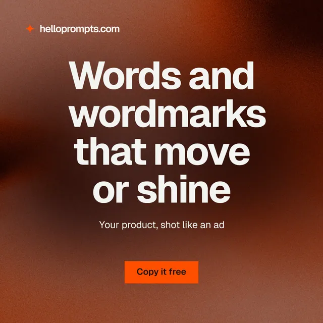 Instagram post for HelloPrompts: "Words and wordmarks that move or shine". Swiss style, centred layout, dark palette in red, orange, grey.