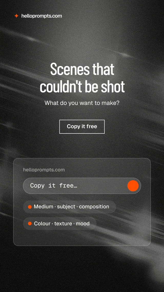 Instagram story for HelloPrompts: "Scenes that couldn't be shot". Dark deco style, centred layout, dark palette in black, grey.