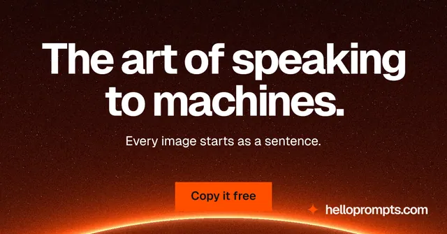 Social ad for HelloPrompts: "The art of speaking to machines." Swiss style, centred layout, dark palette in black, red, orange.