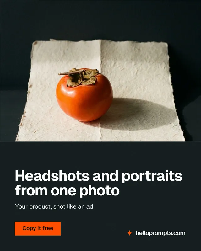 Instagram portrait post for HelloPrompts: "Headshots and portraits from one photo". Swiss style, bottom layout, dark palette in black, yellow, orange.