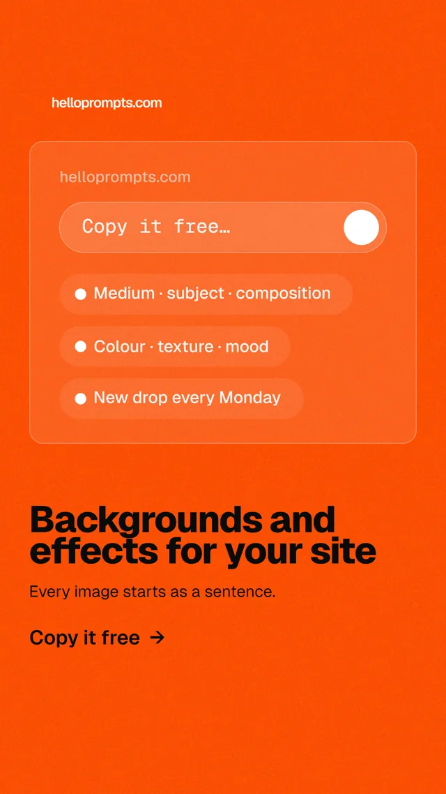 Instagram story for HelloPrompts: "Backgrounds and effects for your site". Turn card style, bottom layout, light palette in orange.