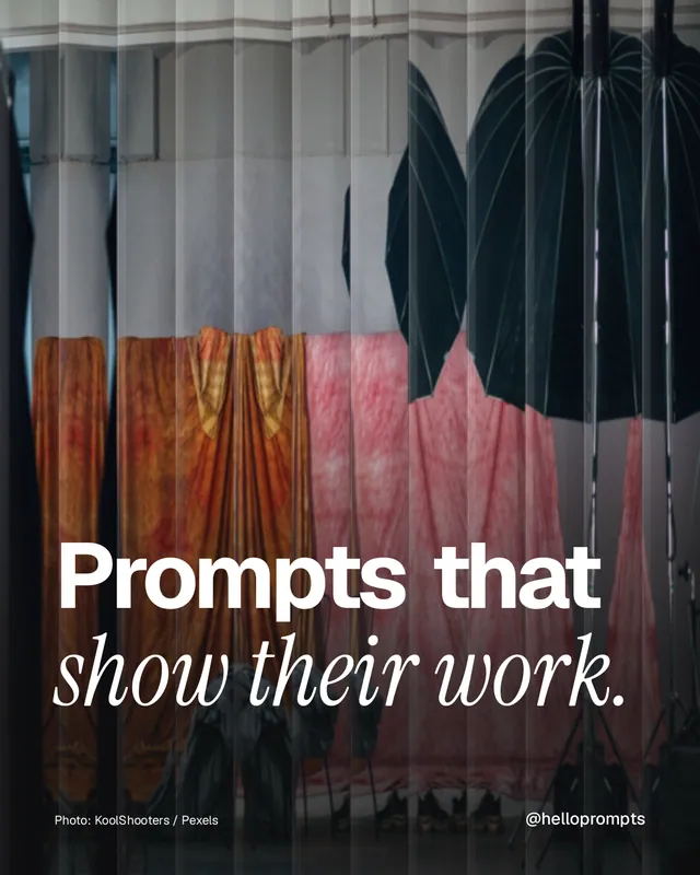 Instagram portrait post for HelloPrompts: "Prompts that show their work." Photo style, technique:fluted glass layout, dark palette in black, red, grey.