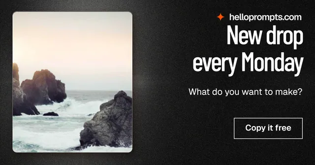 Social ad for HelloPrompts: "New drop every Monday". Dark deco style, right layout, dark palette in white, black, grey.