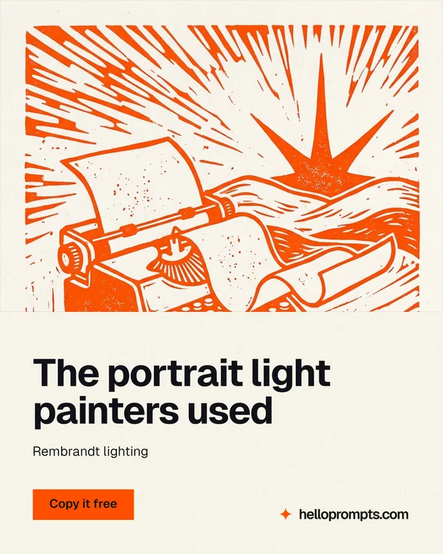 Instagram portrait post for HelloPrompts: "The portrait light painters used". Swiss style, bottom layout, light palette in white, orange.