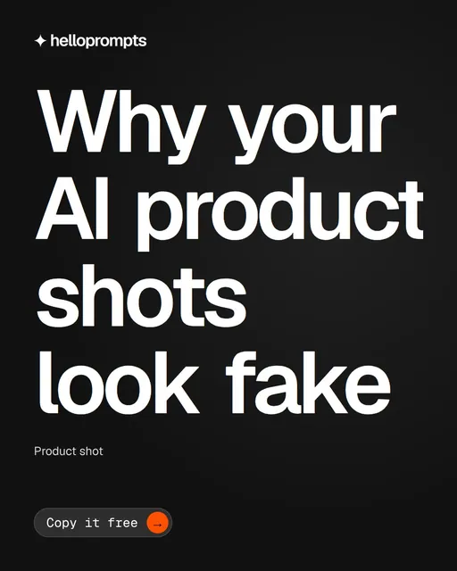 Video for HelloPrompts: "Why your AI product shots look fake". Doc motion loop, 8.0 s, dark palette.
