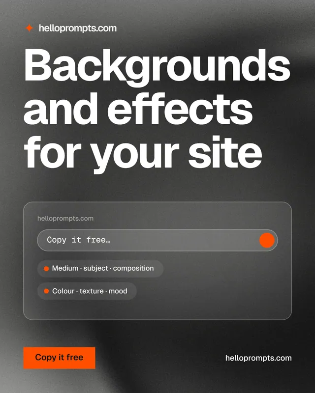 Instagram portrait post for HelloPrompts: "Backgrounds and effects for your site". Swiss style, poster layout, dark palette in grey, black.